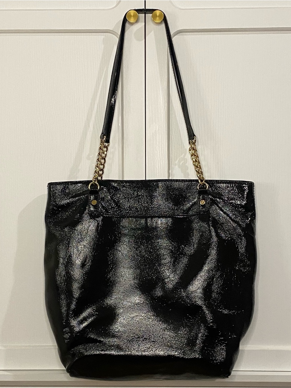 Michael Kors Black Patent Leather Medium Tote with Gold Chain Straps
